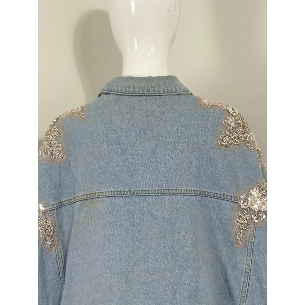 Arula Women’s Denim Jacket Plus Size 3X Light Wash Pearl Sequin Lace Embellished - Picture 6 of 15
